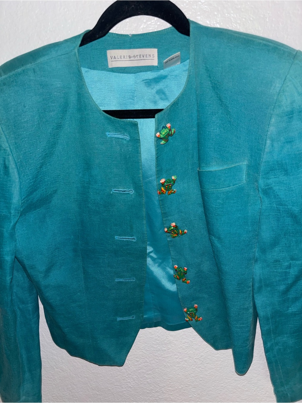 Valerie Stevens Teal Cropped Linen Jacket with Wooden Hand Painted Frog Buttons